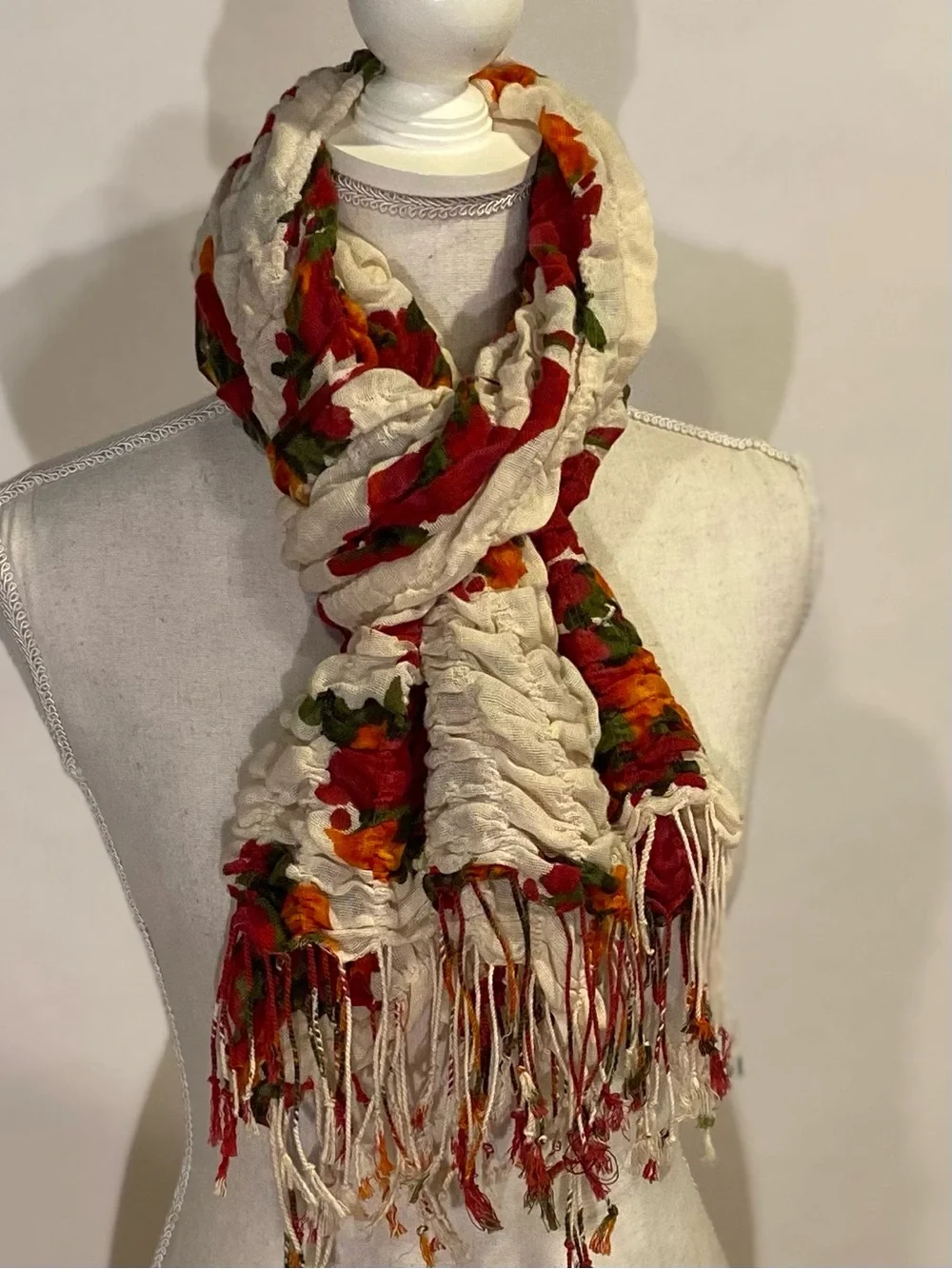 mark. Cream Crinkle Scarf with Red & Orange Floral Print